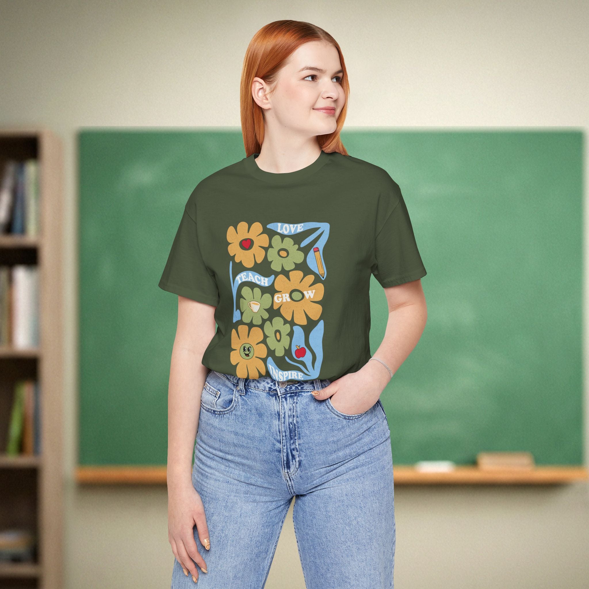 Teach Love Grow Inspire Floral Shirt | Retro Groovy Teacher Garden Tee | Aesthetic Teacher Gift | Bella Canvas 3001