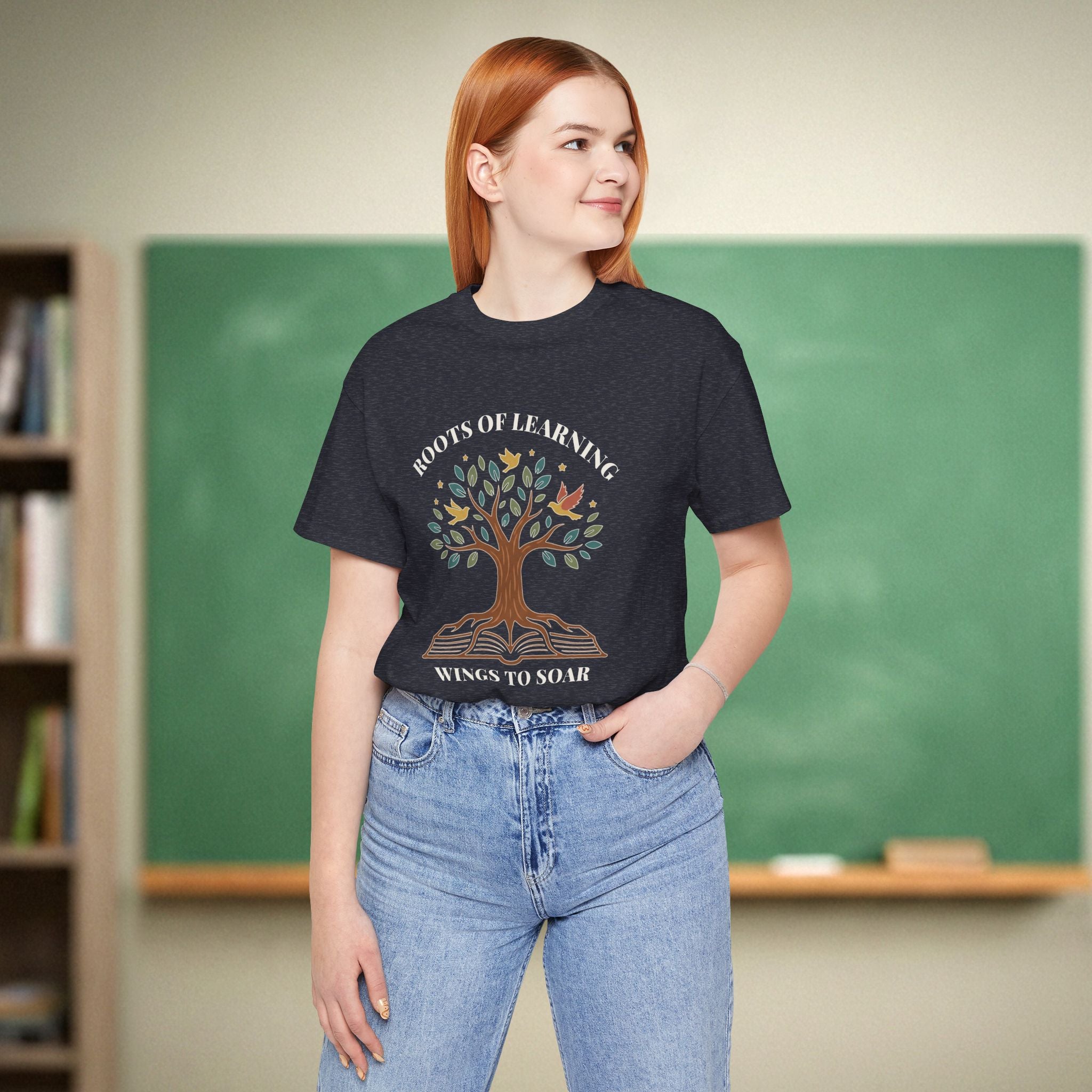 Roots of Learning Wings to Soar | Inspirational Teacher Shirt | Bella Canvas 3001