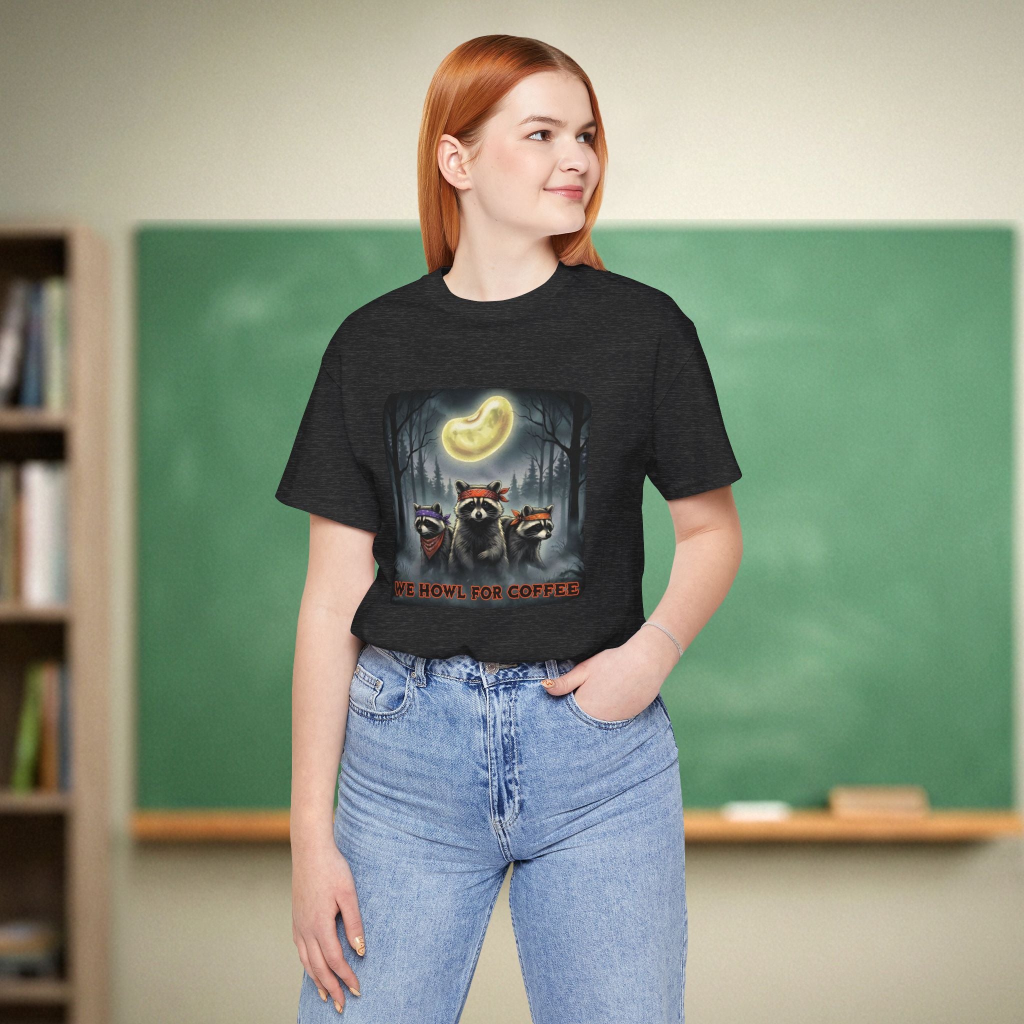 We Howl for Coffee Teacher Shirt | Retro Raccoon Coffee Moon Tee | Bella Canvas 3001